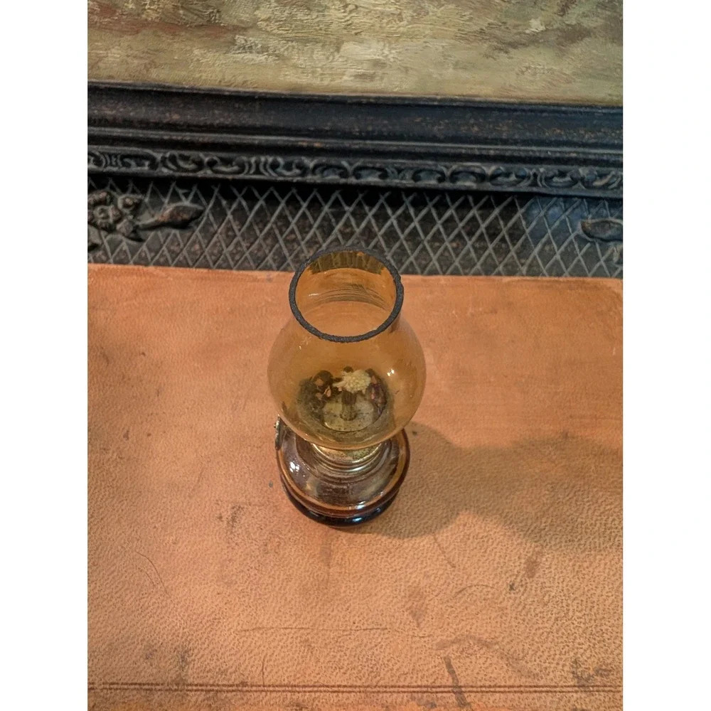 Vintage Miniature Amber Glass Oil Lamp 4 Inch Brass Hardware Hurricane Chimney